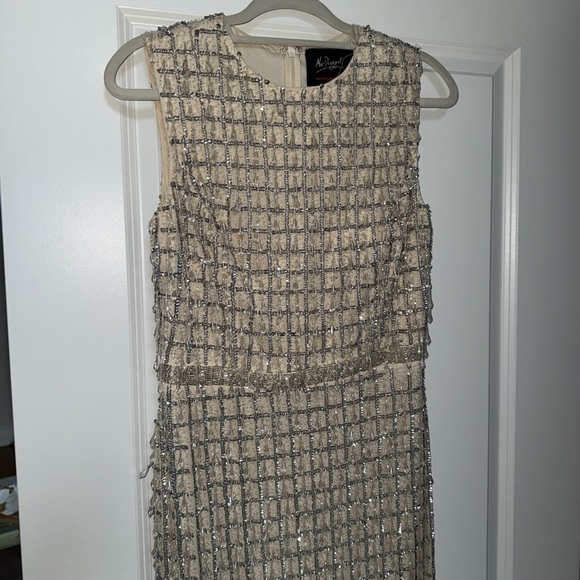 Mac Duggal Beige Sleeveless High neck beaded midi dress - Picture 14 of 16